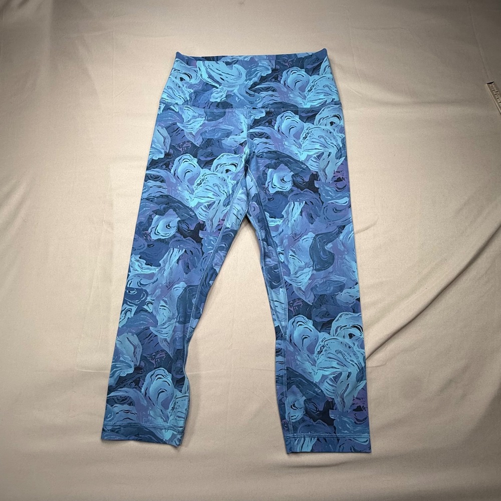 Lululemon High Rise Crop Leggings Blue Purple Swirl Abstract Yoga Tights 21in